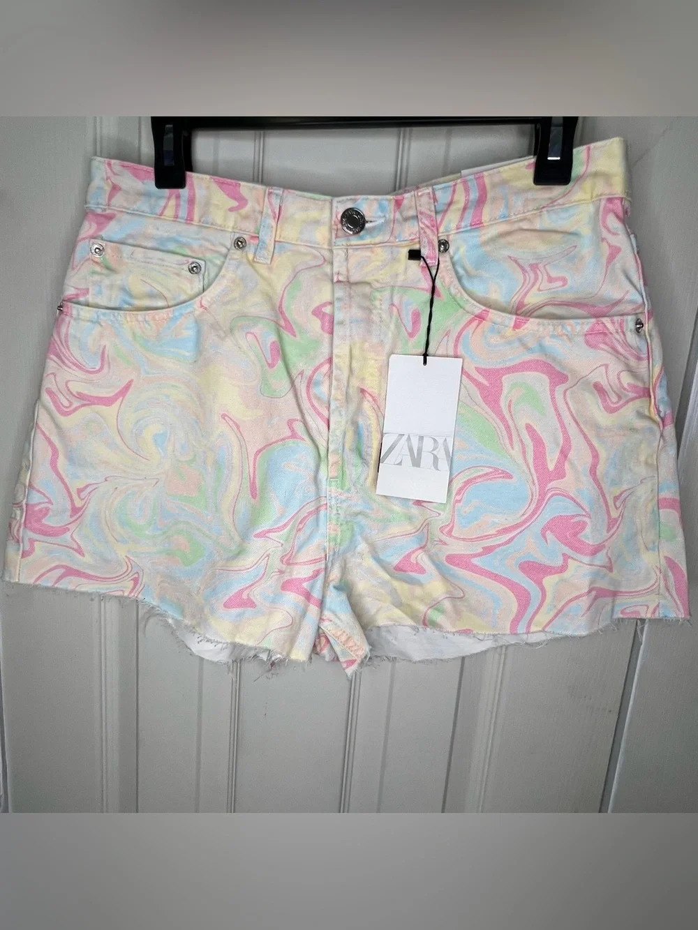 New Zara Pastel Swirl Multicolored Y2K, Candycore Denim Women’s Shorts Sz 10